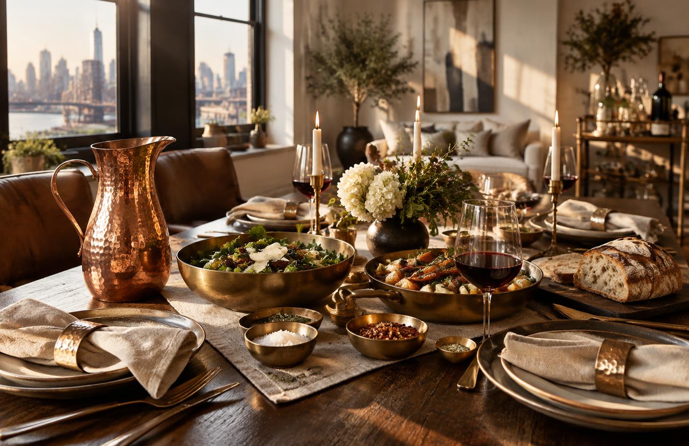 Copper and brass set on a table